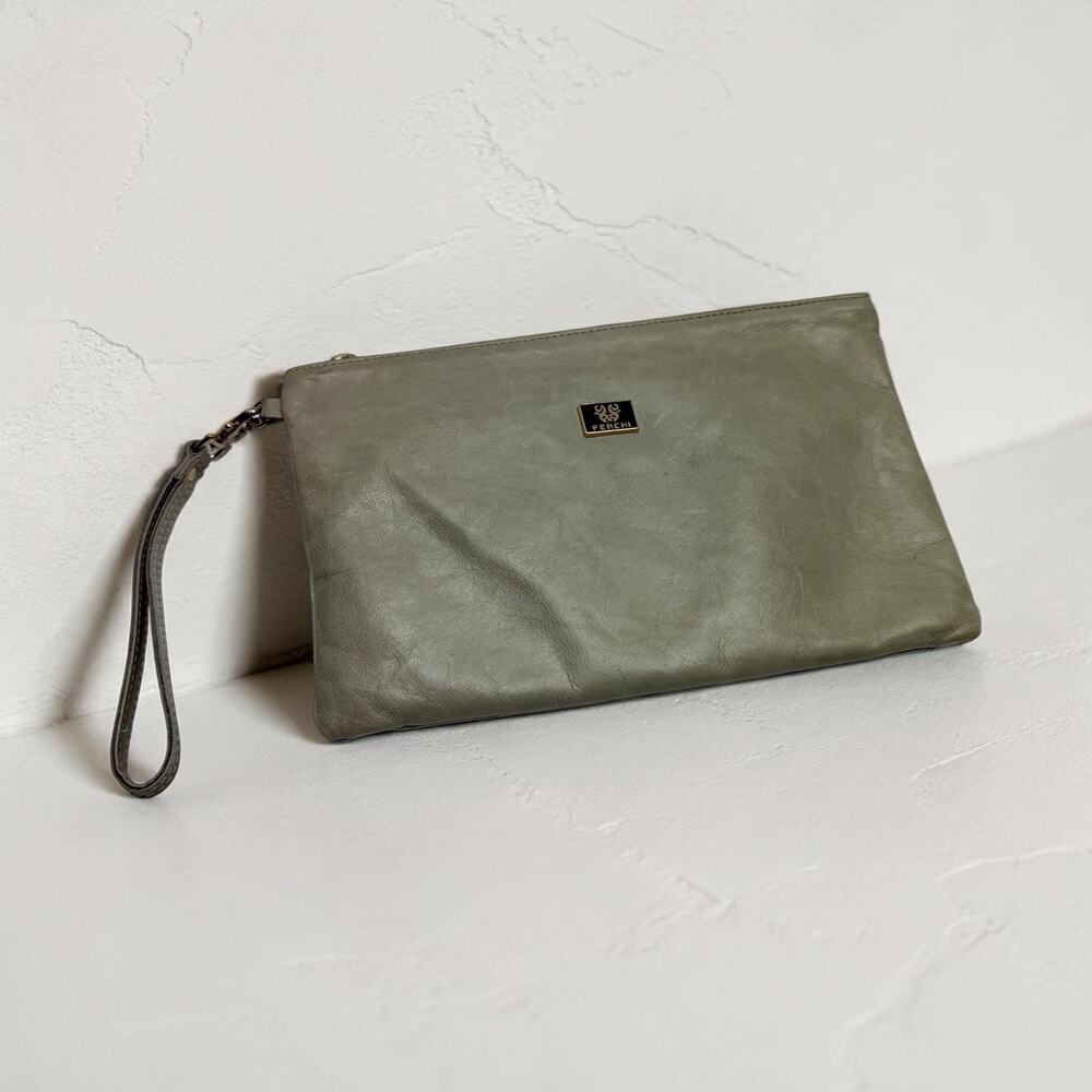 Ferchi Leather Wristlet Clutch Gray Minimal Zip Pouch Handbag Soft Leather